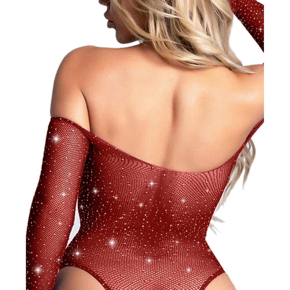 Women Wine Red Lingerie Fishnet Teddy Sparkle Rhinestone One Piece Mesh Bodysuit - Picture 5 of 5